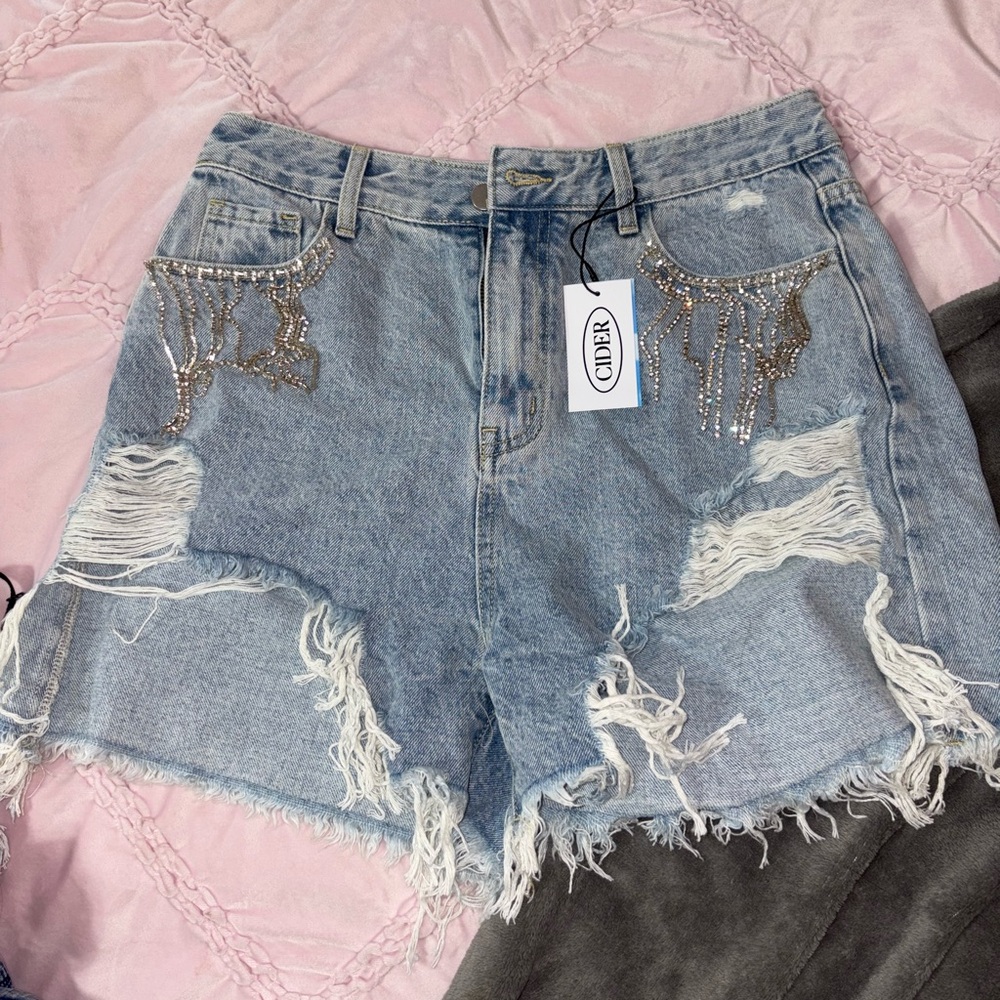 Cider Distressed Light Blue Jean Shorts with Rhinestones